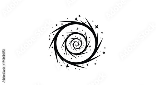 Black spiral design with stars against a plain white background