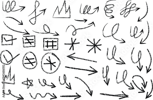 Dynamic collection of hand-drawn scribble arrows and graphic elements, featuring textured chalk-style doodles, perfect for adding an artistic, informal touch to any design project or presentation