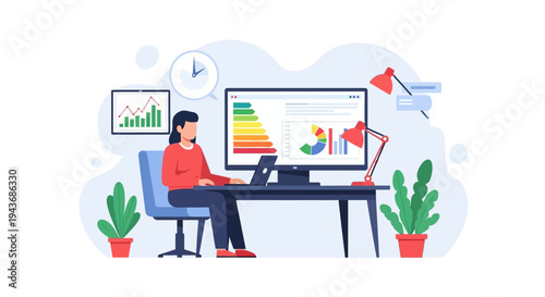 Woman working on computer with charts and graphs.