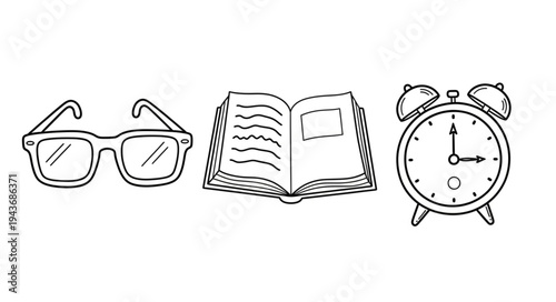 Eyeglasses Open Book and Alarm Clock Illustration.