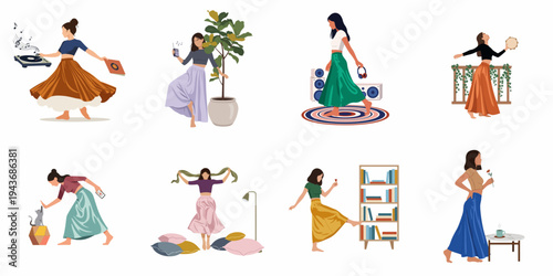 Set of flat vector illustrations featuring diverse women enjoying various hobbies and relaxing activities at home, including music, dancing, and reading.