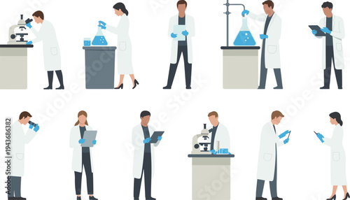Scientists working in laboratory performing chemistry experiments with microscope and lab equipment medical research vector illustration set