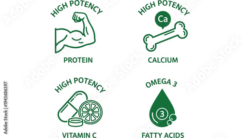 High potency supplements icon set with protein, calcium, vitamin C, and omega 3