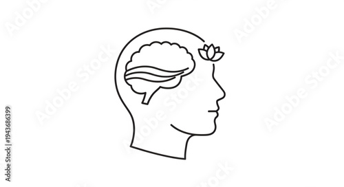 Line Drawing of Human Head with Brain and Heart.