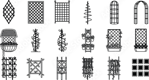 Set of garden trellis and vertical planting icons featuring wooden lattices arches climbing plant supports and hanging planters for landscape design and home gardening
