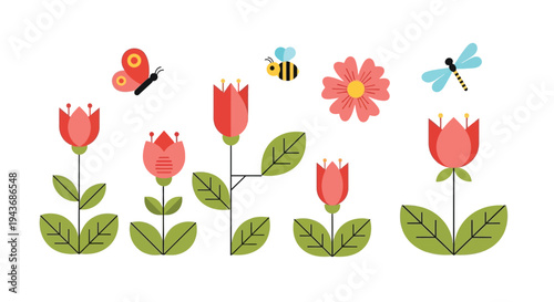 Stylized illustration of flowers a bee a ladybug and a dragonfly