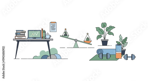 Work life balance concept with office and fitness elements.