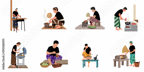 Set of Illustrations Featuring Indonesian Men in Traditional Attire Grilling Satay Using Various Charcoal and Modern Grills
