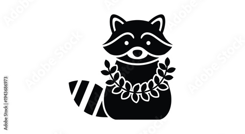 Stylized raccoon illustration with a leafy garland and striped tail