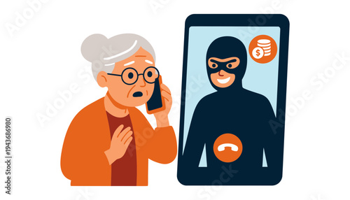 Scam call illustration of elderly woman talking to thief on phone