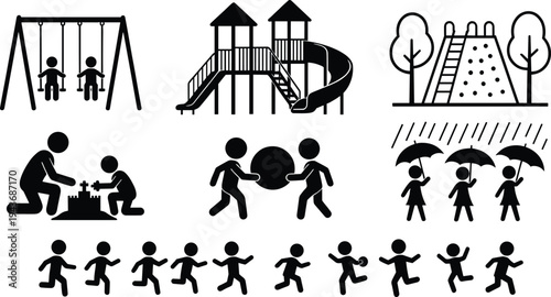 Children playground activities icons set including swing, slide, climbing wall, sand play, teamwork, walking kids and rainy day umbrella silhouettes isolated on white background