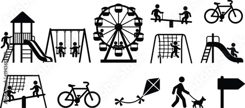 Black silhouette playground icons set featuring slide, swing, ferris wheel, bicycle, seesaw, climbing net, kite, dog walking, and park direction sign for children recreation