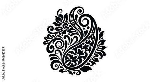 Elegant black and white paisley floral design with swirling motifs