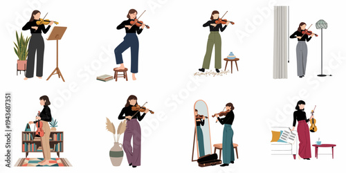 Collection of minimalist flat illustrations showing a young woman practicing and playing the violin in various cozy home interior settings.