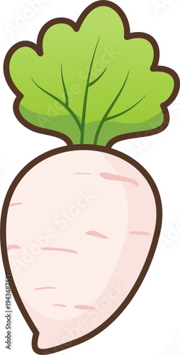 A cute white radish or daikon vector illustration with green leaves on top, ideal for grocery icons.