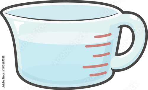 A clear measuring cup vector illustration containing liquid, showing measurement markings for cooking.