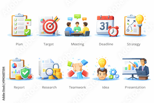 Business and Marketing Icons Plan, Target, Meeting, Deadline, Strategy, Report, Research, Teamwork, Idea, Presentation