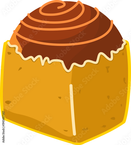 A unique cube-shaped bread or pastry topped with chocolate icing, perfect for bakery shop menus.