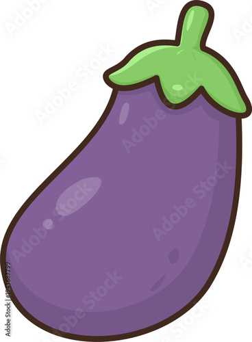 A cute purple eggplant or aubergine illustration with a green stem, designed in a clean flat style.