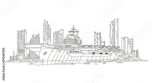 Ruined Cityscape Skyline Black and White Sketch - Post-Apocalyptic Urban Destruction