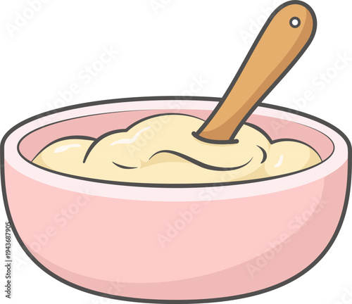 A cute illustration of hot steamed rice or porridge in a pink bowl with a wooden spoon, flat vector style.