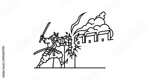 Samurai Warrior Attacking Burning Village with Sword, Historical Battle Scene