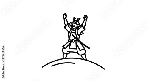 Samurai Warrior Celebrating Victory on Hilltop - Minimalist Line Art