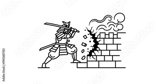 Samurai warrior breaks through brick wall with sword, concept of overcoming obstacles