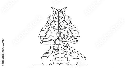 Samurai Warrior Kneeling with Sword, Traditional Japanese Warrior Armor, Line Art Illustration