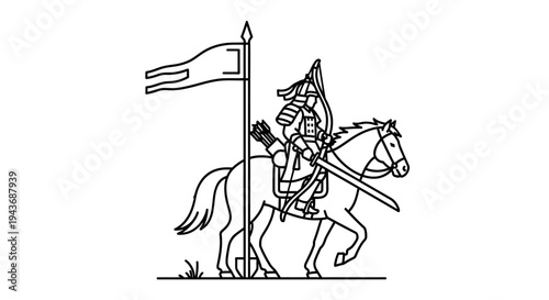 Samurai Warrior on Horseback with Flag and Sword - Line Art Illustration