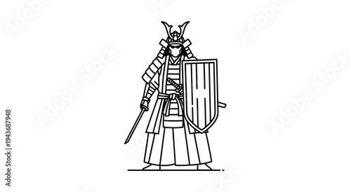 Samurai Warrior with Sword and Shield, Japanese Warrior Illustration, Bushido Spirit