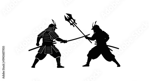 Samurai Warriors Silhouette Fighting with Swords and Spear on White Background