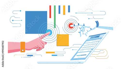 A hand interacting with a laptop and various digital interface elements