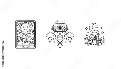 Tarot card illustrations featuring sun, moon, and mystical symbols in minimalist style