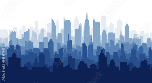 Blue Monochrome City Skyline Vector Silhouette Background with Layered Skyscrapers.