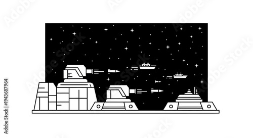 Sci-Fi Space Station with Laser Cannons and Spaceships in Starry Night Sky