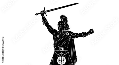 Scottish Warrior Silhouette with Sword Raised High, Celtic Kilt and Helmet