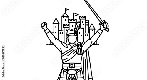 Scottish Warrior with Sword and Castle Background, Kilt, Highland Culture