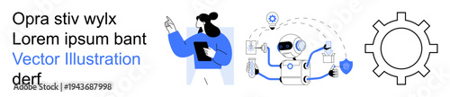 Technology development, artificial intelligence, cybersecurity, automation, robotics, innovation. A person presenting information, an AI robot icon and a gear symbol. Technology and artificial