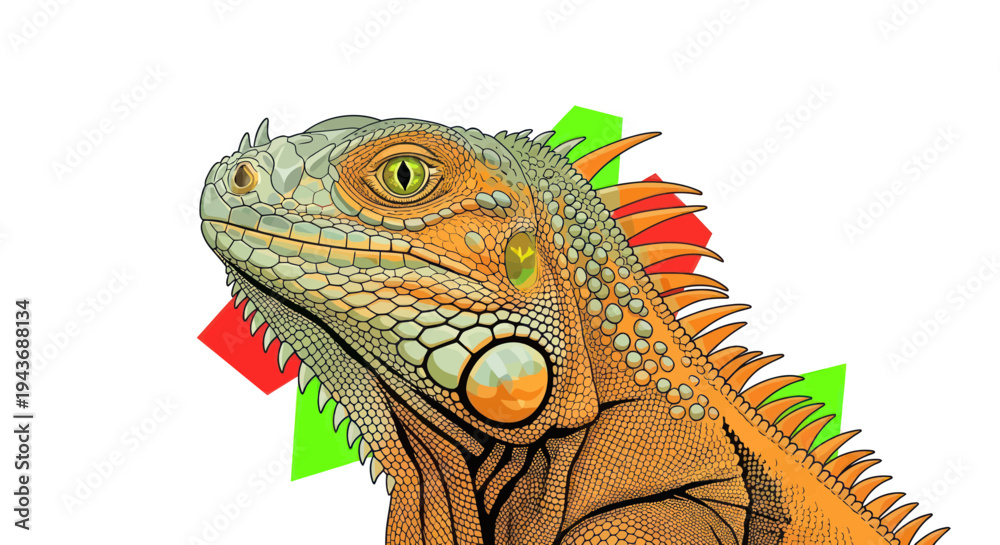 Fototapeta premium Green Iguana Portrait with Geometric Shapes