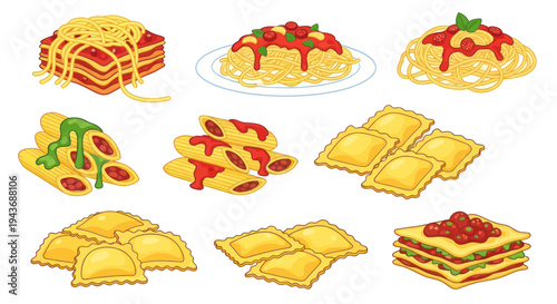 Delicious Italian Pasta Dishes Illustration - Spaghetti, Lasagna, Ravioli, Cannelloni