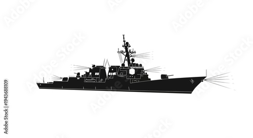 Silhouette of a modern warship sailing on the sea, military navy vessel, powerful fleet concept