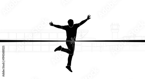 Silhouette of a person jumping for joy in front of an airport terminal, celebrating freedom and travel.