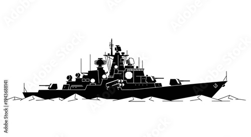 Silhouette of a powerful warship sailing on the sea, military vessel, naval power, strategic asset