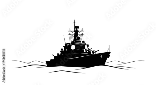 Silhouette of a powerful warship sailing on the sea, military vessel, naval power