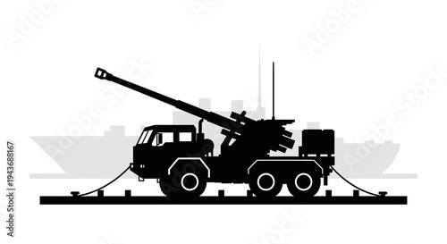 Silhouette of a Self-Propelled Howitzer on a Ship Deck, Military Artillery