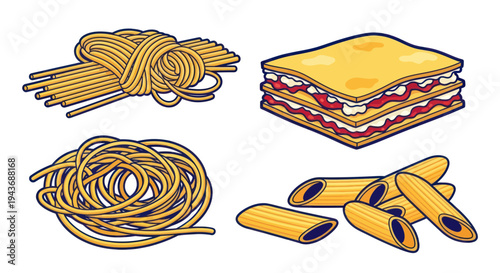Italian Pasta Assortment: Spaghetti, Lasagna, and Penne - Food Illustration
