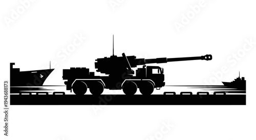 Silhouette of a self-propelled howitzer on a transport ship with other vessels