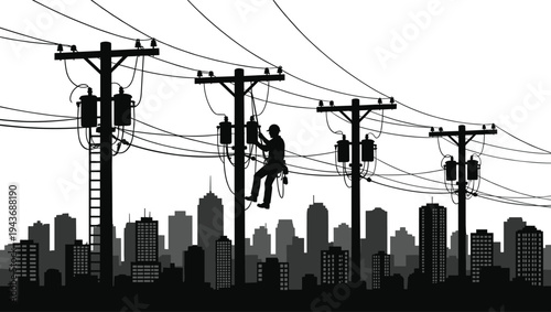 Electric utility worker repairing overhead power lines on utility poles above urban city skyline, energy distribution maintenance, electricity infrastructure service concept silhouette illustration