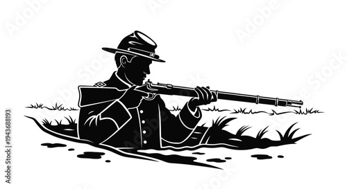 Silhouette of a soldier aiming a rifle from a trench, historical battle scene, black and white illustration